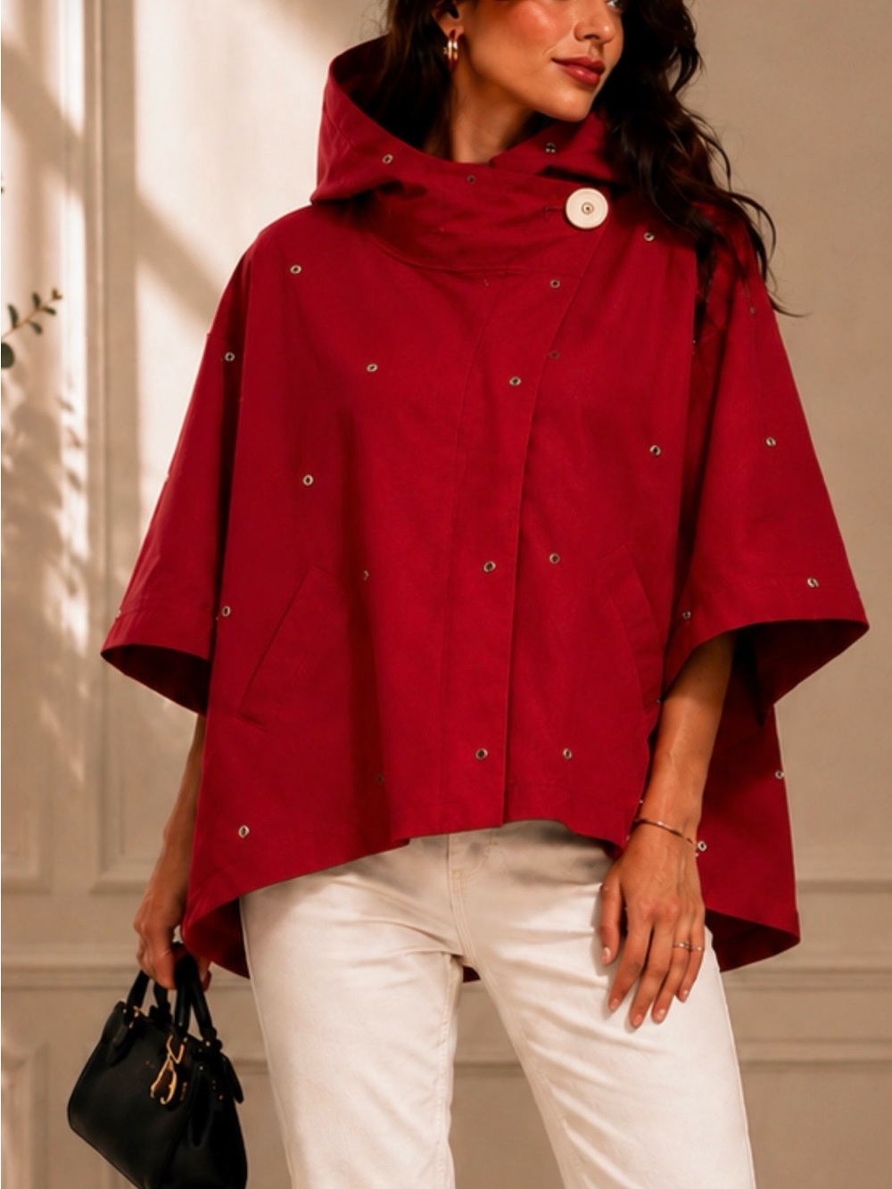 Red Hooded Eyelet Poncho Jacket - Women's